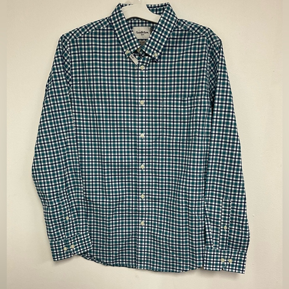 Goodfellow & Co Men's Green and White Plaid Button Down Shirt